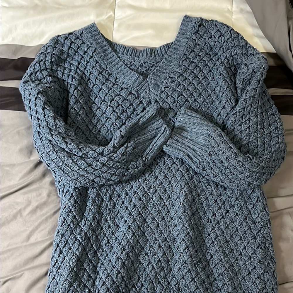 SHEIN Blue V-Neck Sweater with Intricate Knit